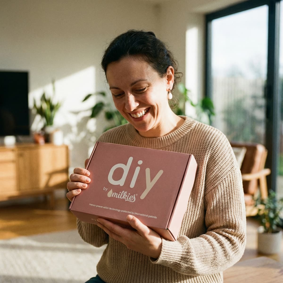 Uśmiechnięta mama w domu trzyma pudełko zestawu DIY by MILKIES, pokazując, dlaczego warto wybrać kit do samodzielnego wykonania pamiątki, np. kolczyki z mleka mamy.