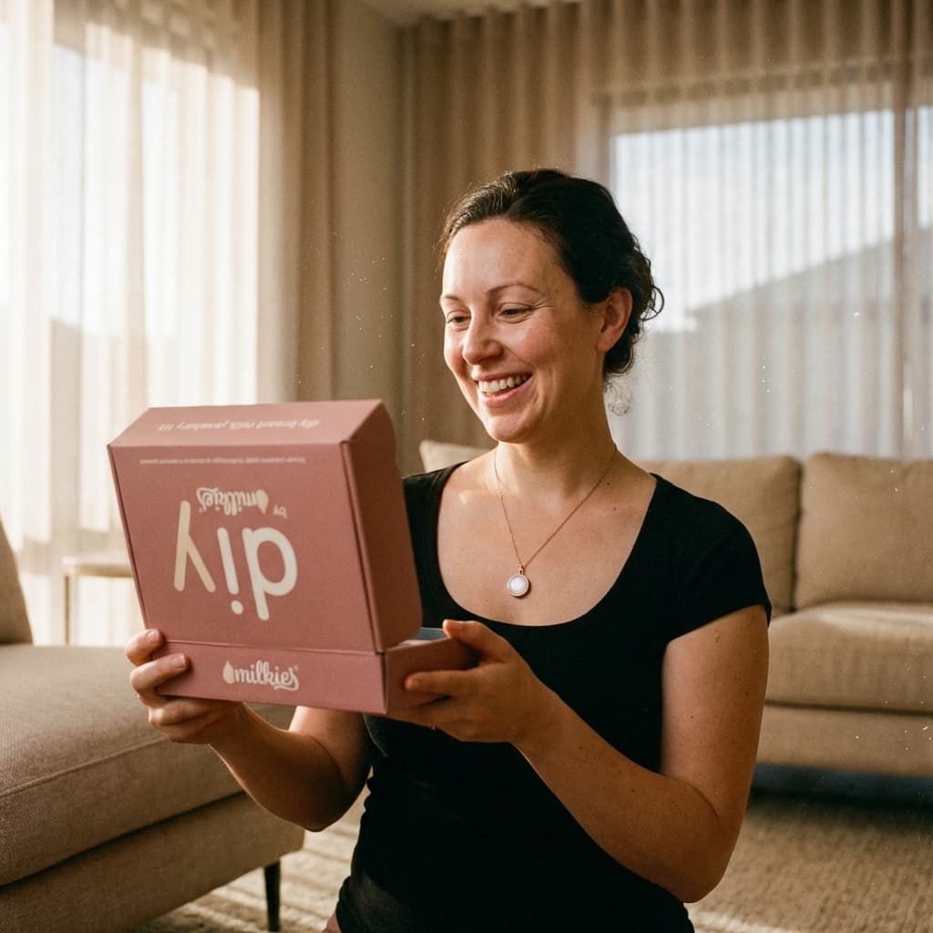 Uśmiechnięta mama w domu trzyma pudełko DIY by MILKIES, pokazując dlaczego wisiorek z mleka matki zestaw to wygodny wybór do samodzielnego stworzenia pamiątkowej biżuterii w prywatności.