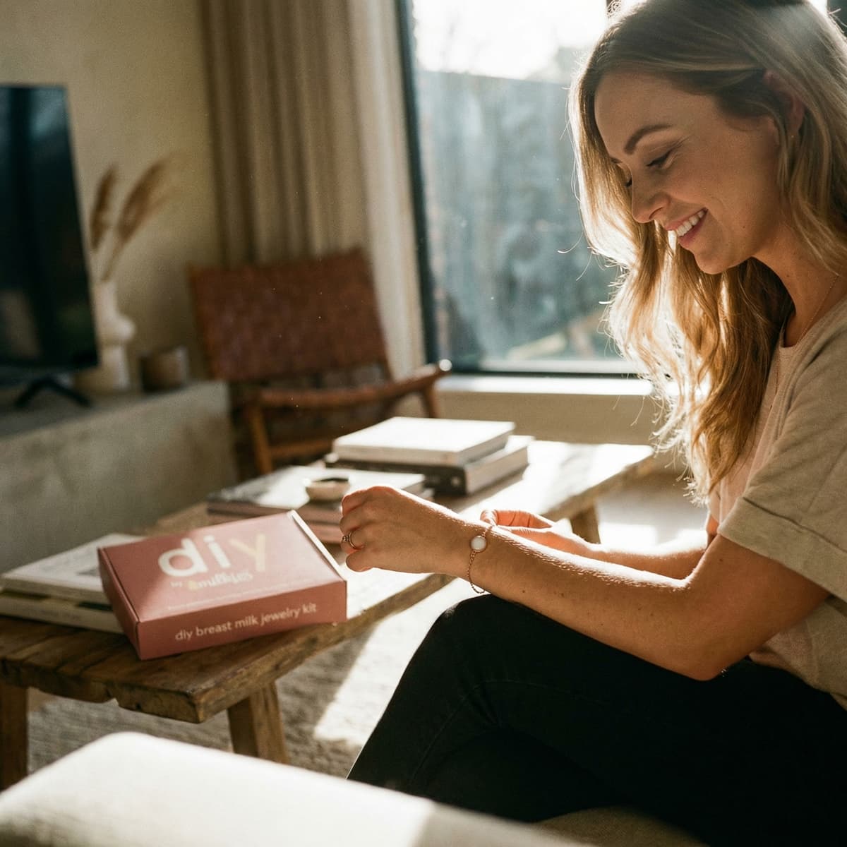 Kobieta w domowym zaciszu wykonuje pamiątkową biżuterię z zestawem DIY by MILKIES, tworząc bransoletki z mleka matki i inne dodatki samodzielnie jako wygodne rozwiązanie do domu.