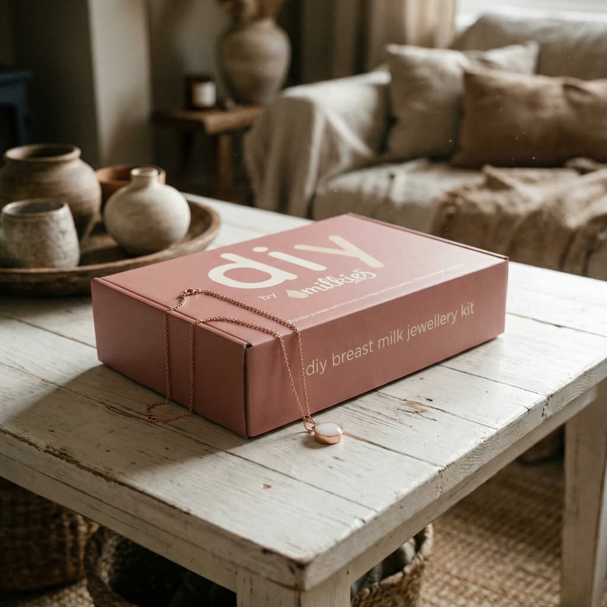 Różowe pudełko DIY by MILKIES na drewnianym stoliku z naszyjnikiem z mlecznym wisiorkiem, prezentujące krok po kroku jak zrobić biżuterię z własnego mleka w domu dzięki zestawowi do biżuterii z mleka matki.