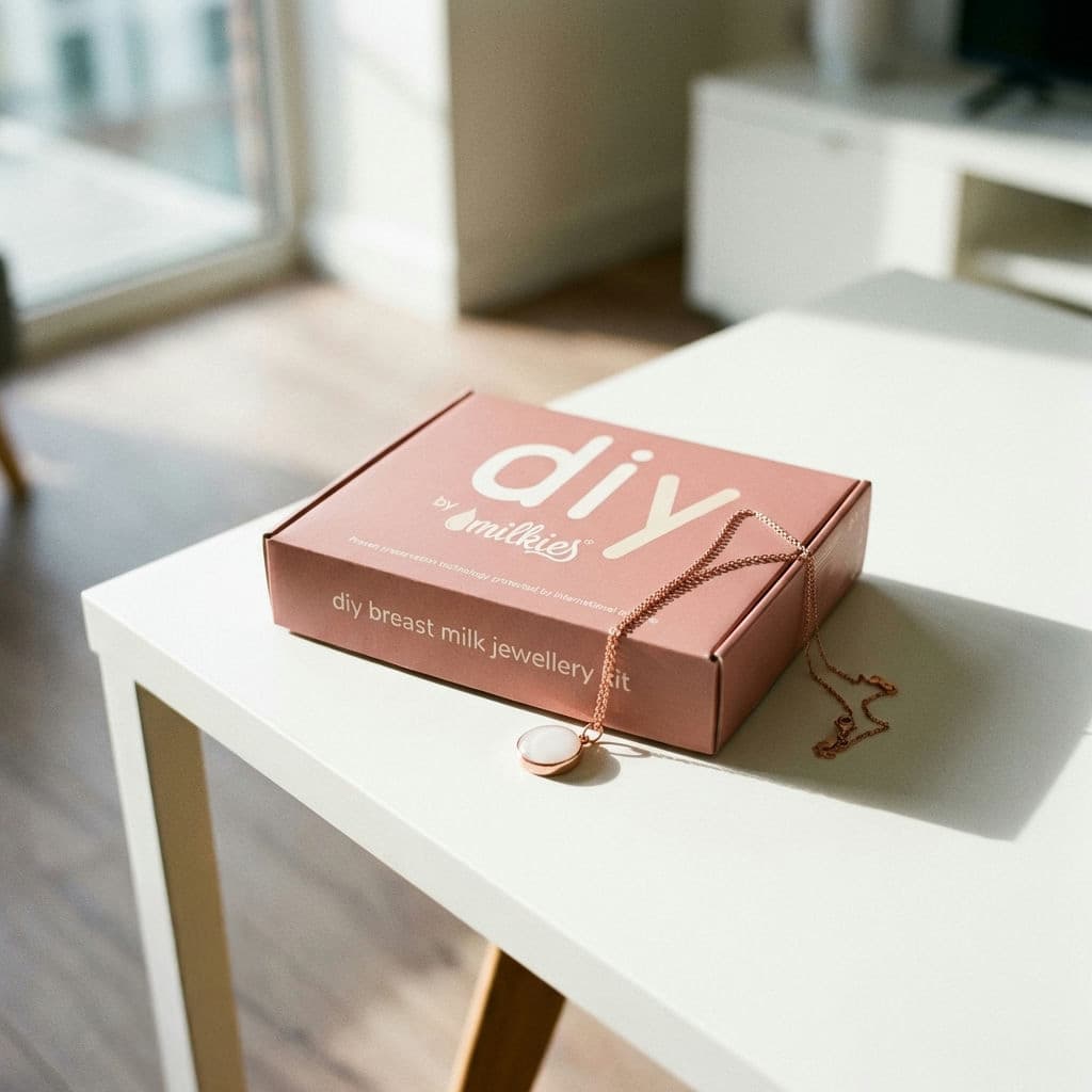 Różowe pudełko zestawu DIY by MILKIES do tworzenia biżuterii z mleka matki na białym stoliku, obok delikatny złoty naszyjnik z mleka matki z okrągłym wisiorkiem.