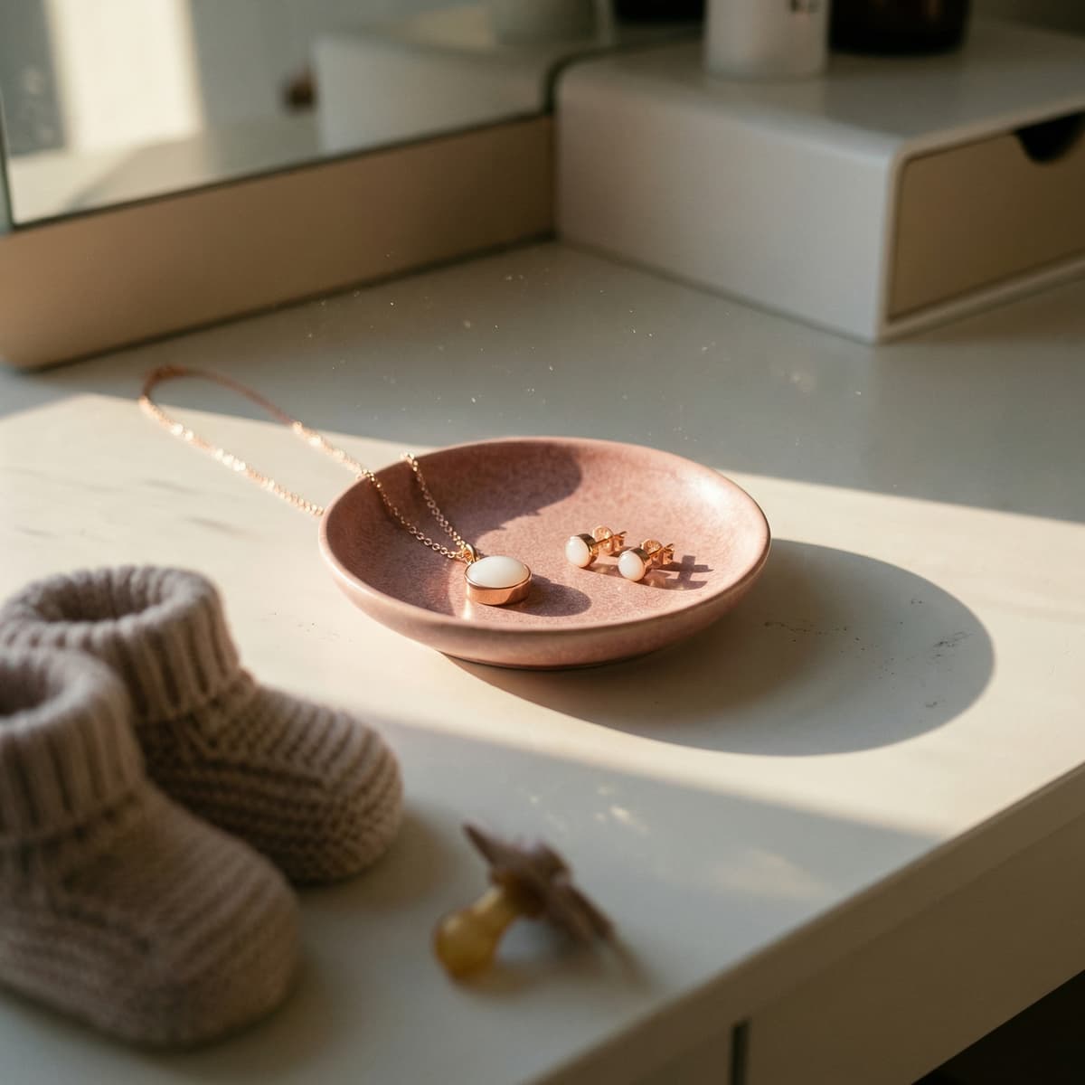 Delikatna złota biżuteria jako pamiątka laktacyjna: naszyjnik i kolczyki z białym kamieniem ułożone na różowej miseczce na jasnym blacie, obok niemowlęcych bucików i smoczka.