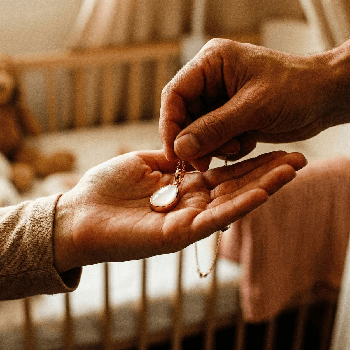 Zbliżenie dłoni wręczającej złoty naszyjnik z białym, owalnym wisiorkiem w pokoju niemowlęcym z łóżeczkiem jako delikatny pomysł na prezent za urodzenie dziecka.