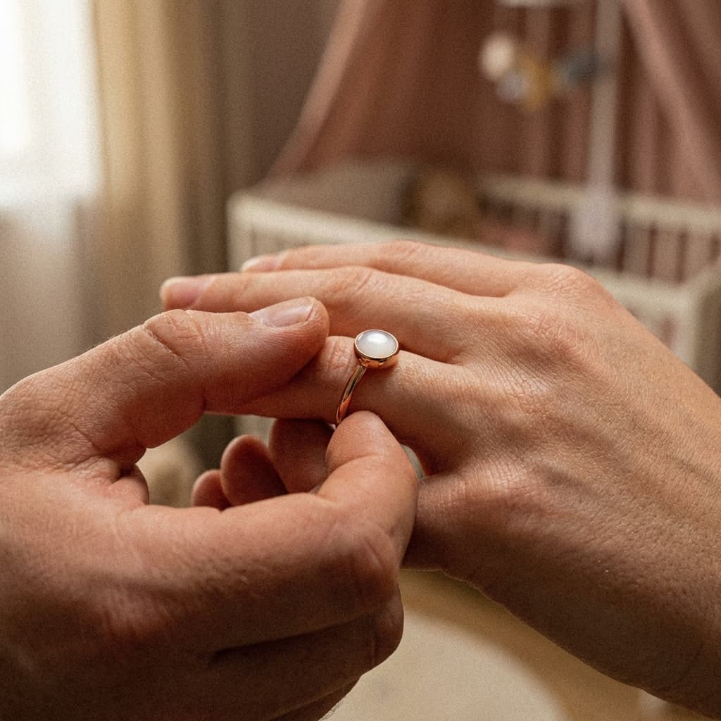 Zbliżenie na dłonie zakładające złoty pierścionek z mlecznobiałym kamieniem w ciepłym domowym wnętrzu, delikatny prezent z okazji narodzin dziecka.