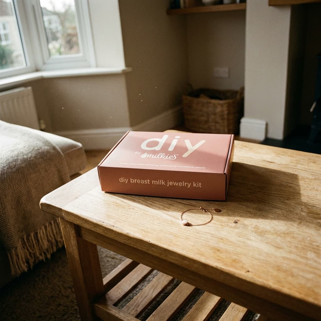 Na drewnianym stoliku w salonie leży pudełko DIY by MILKIES z domowym kitem do tworzenia biżuterii, zestaw bransoletka z mleka mamy oraz obok delikatna złota bransoletka.