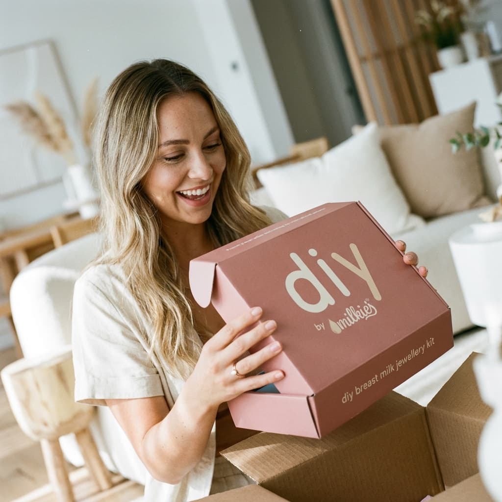 Uśmiechnięta mama w domu otwiera DIY by MILKIES, pokazując zestaw do wyrobu biżuterii z mleka i dlaczego warto wybrać kit do samodzielnego stworzenia wyjątkowej pamiątki.